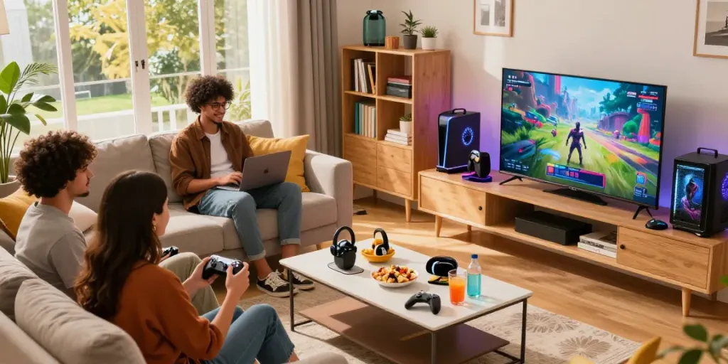 Friends enjoying rokok88 gaming merchandise in a vibrant living room