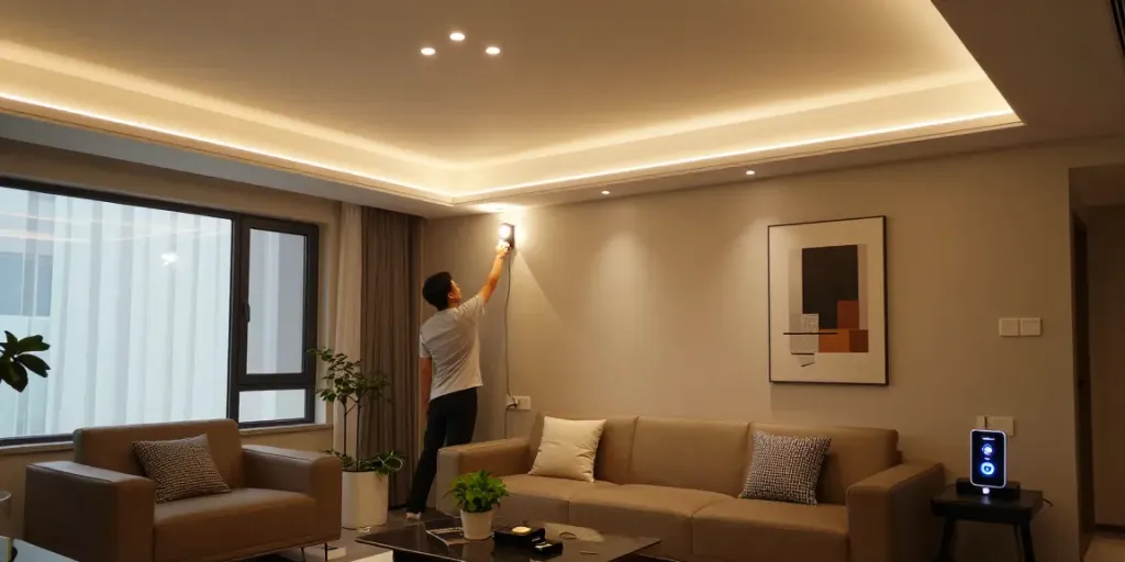 Iluminat modern cu sina magnetică încastrată în living, creând un ambient elegant și confortabil.