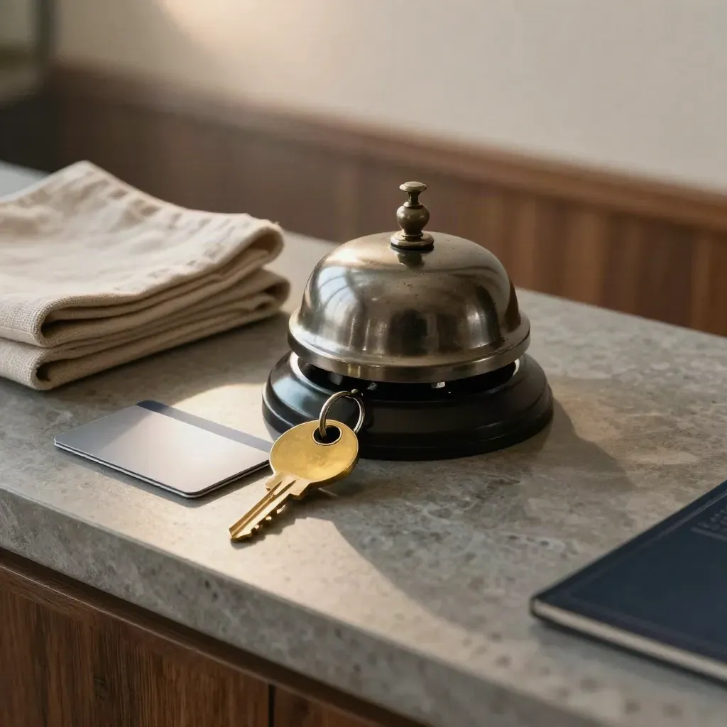 Brass hotel key ring, desk bell, payment card holder and linen trays on stone in soft dawn mist.
