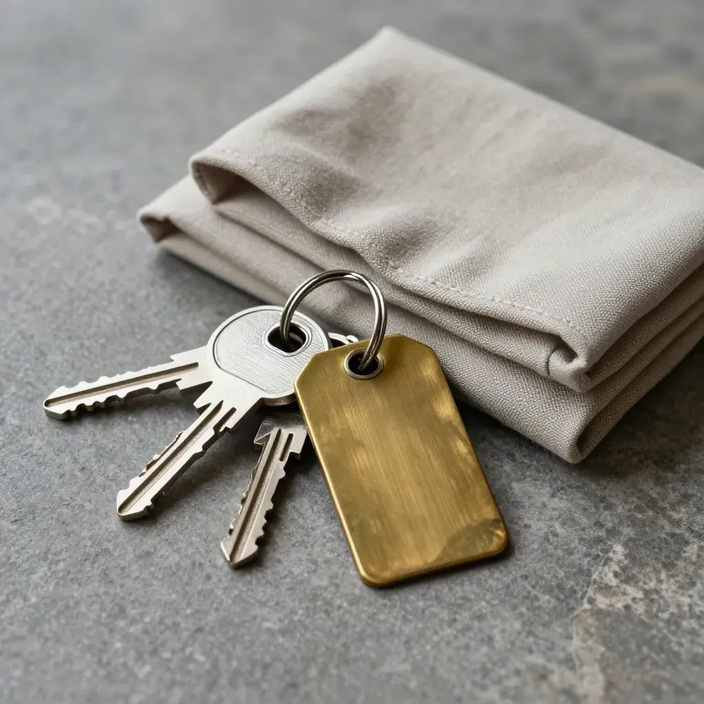 Hotel key fobs, brass tag, and valet pouch on brushed stone under dramatic light