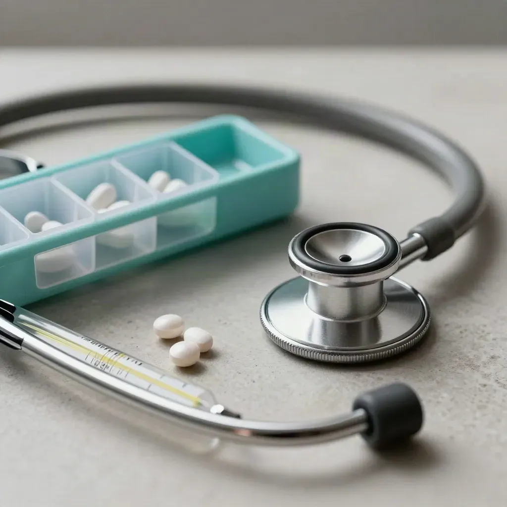 Stethoscope, pill sorter, and thermometer on pale stone with dramatic clinical lighting.