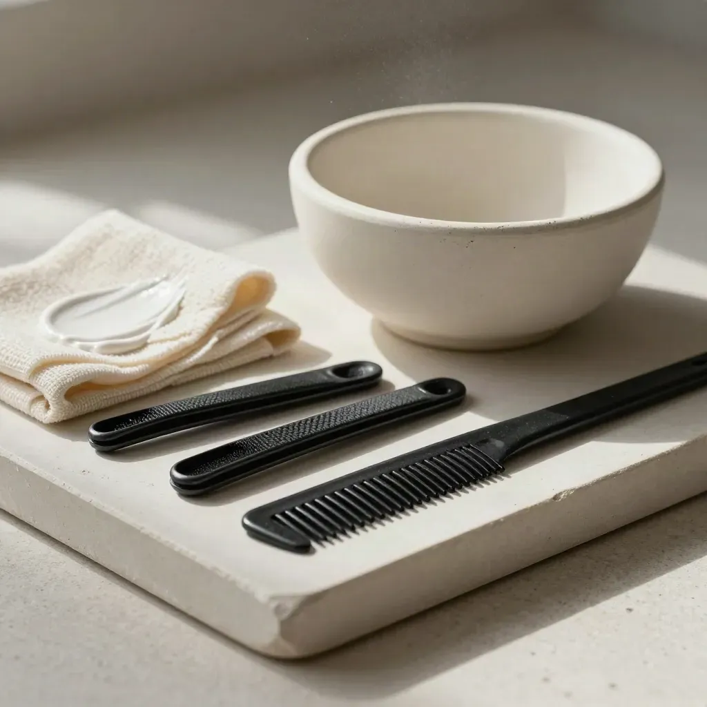 Salon colour tools on a plaster tray: clips, mixing bowl and comb in soft studio light.