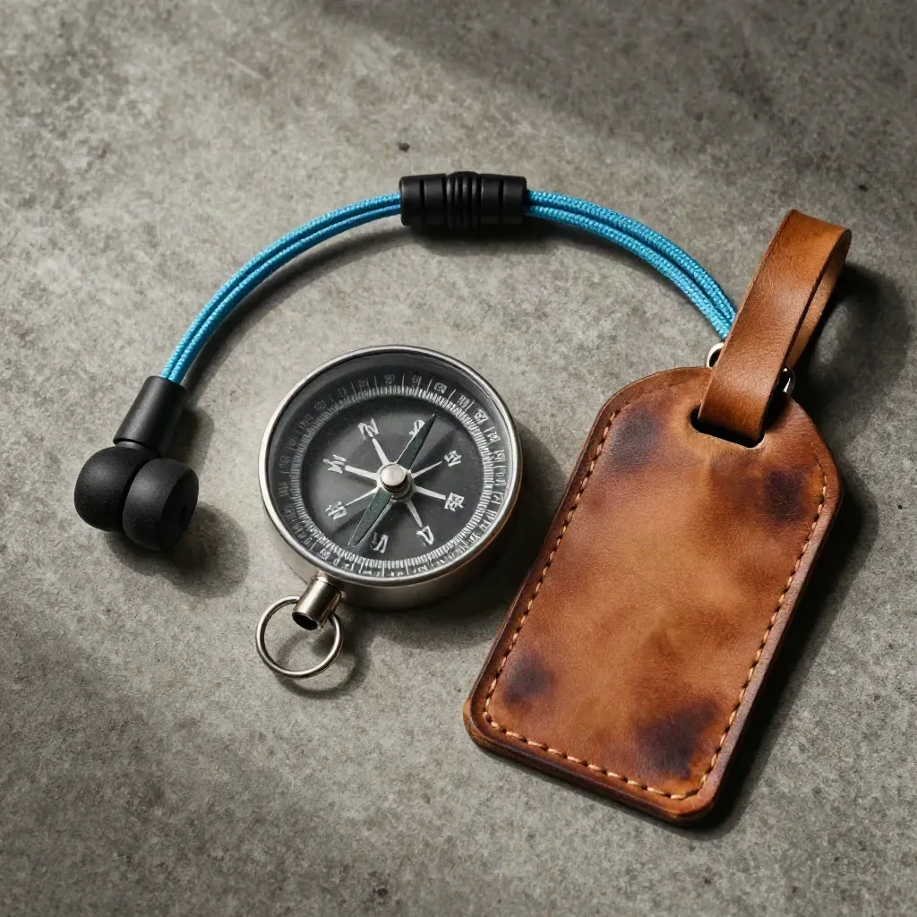 Compass, coiled radio earpiece, and leather luggage tag on warm concrete, top-down.