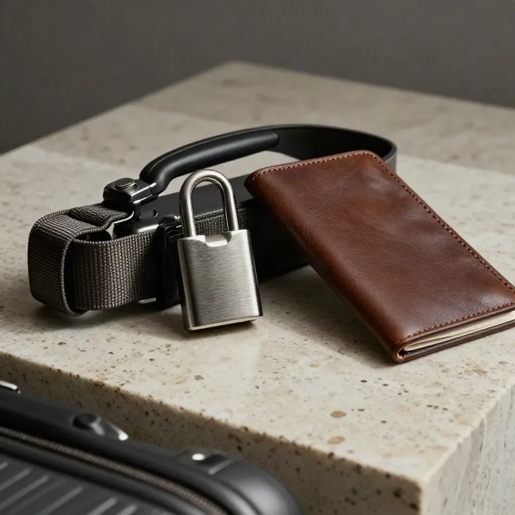 Brushed suitcase lock, leather passport cover, and luggage strap on travertine.