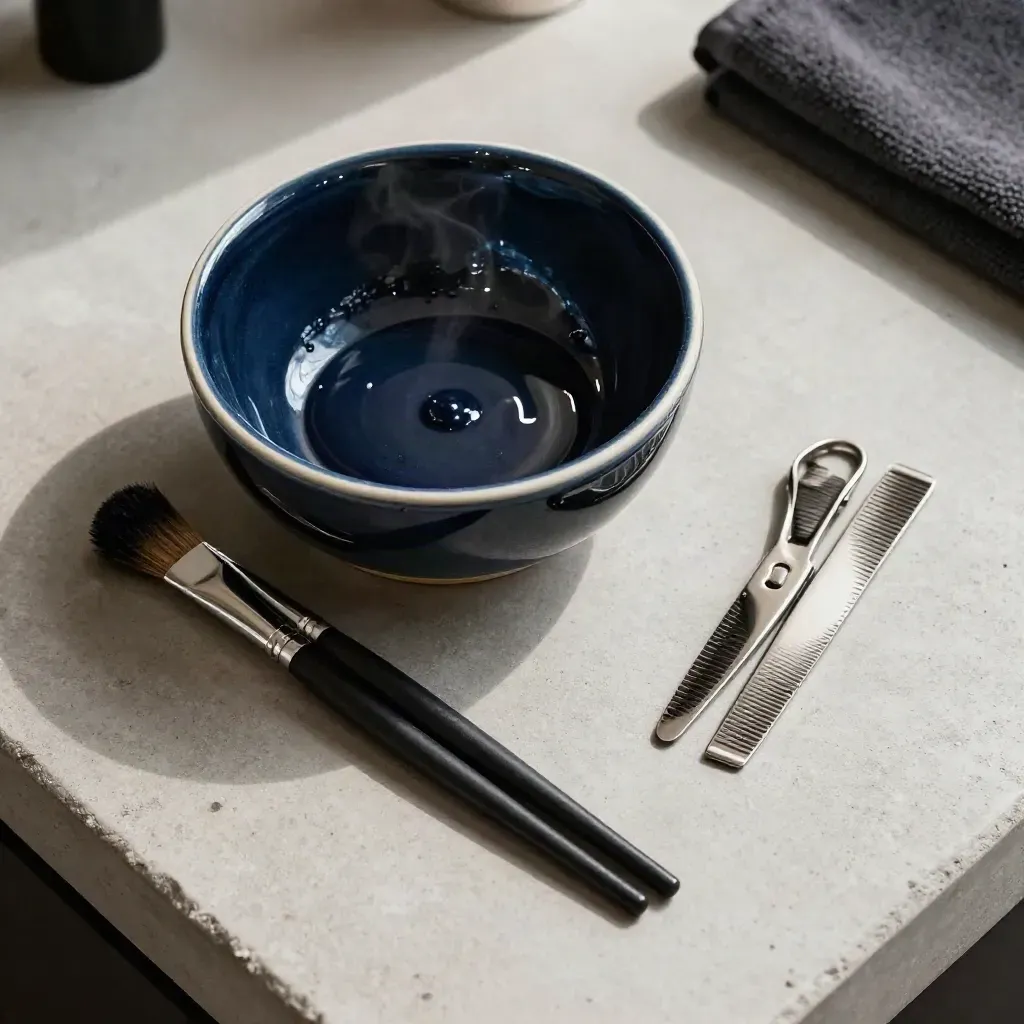 Flatlay of salon tint bowl, wet brushes, and silver sectioning clips on pale concrete.