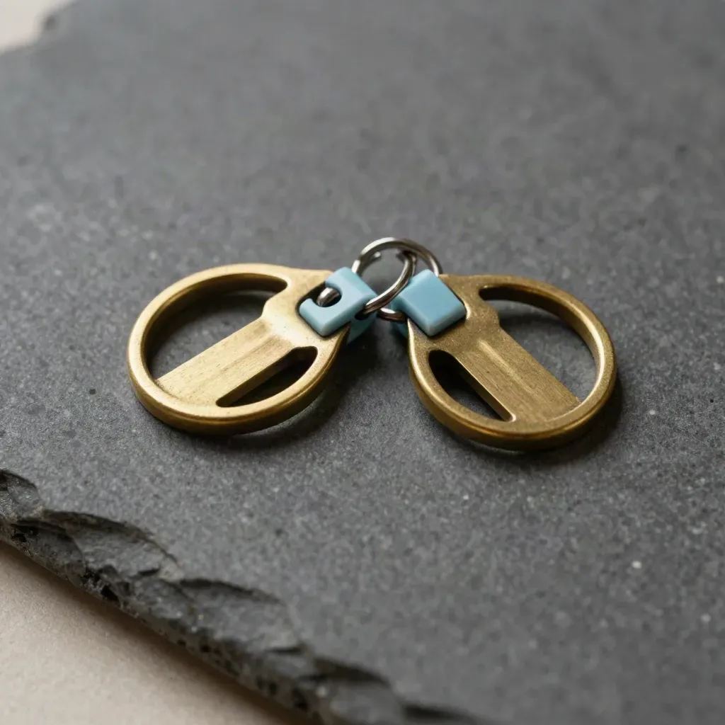 Brass key rings with blank tabs and a tiny clip on graphite stone, top-down macro.
