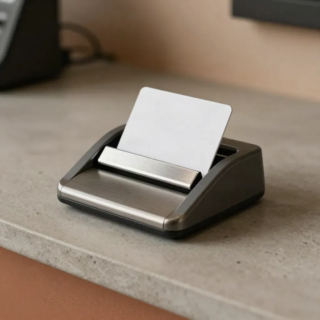 Card reader cradle with payment card and receipt tray on a concrete counter.