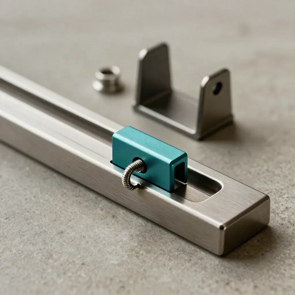 Macro of metal service tabs, latch, and stop block on stone, lit dramatically.