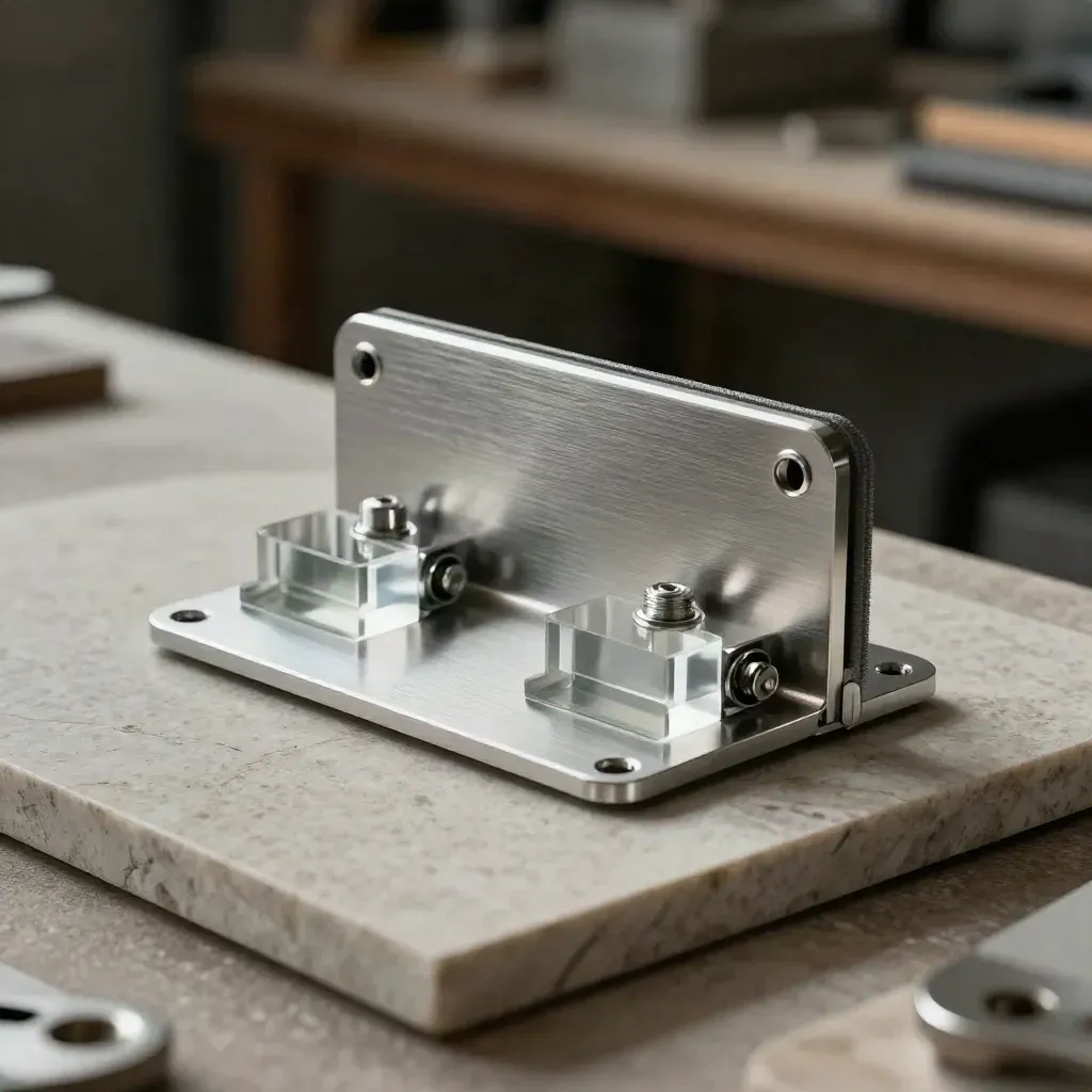 Brushed aluminum bracket, acrylic spacers, and mounting plate on stone in dramatic studio light