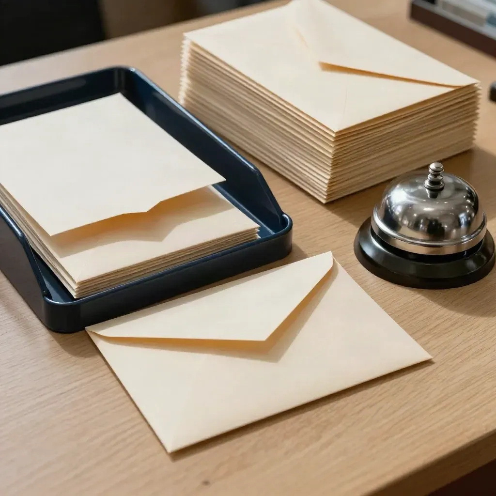 Cream envelopes, a desk bell, and a note tray on pale oak under soft upper-left light.
