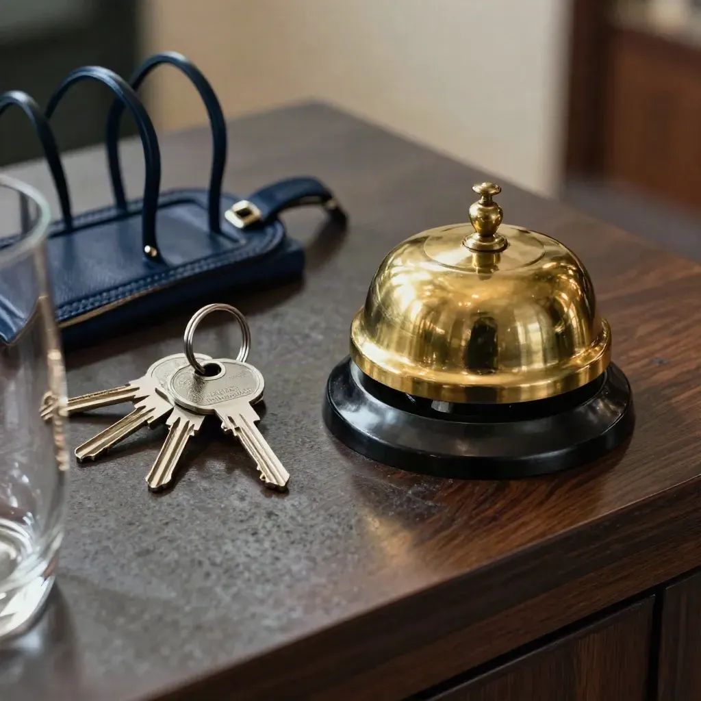 Hotel front-desk bell, room keys, and luggage tag rack on a lobby counter, seen through glass.