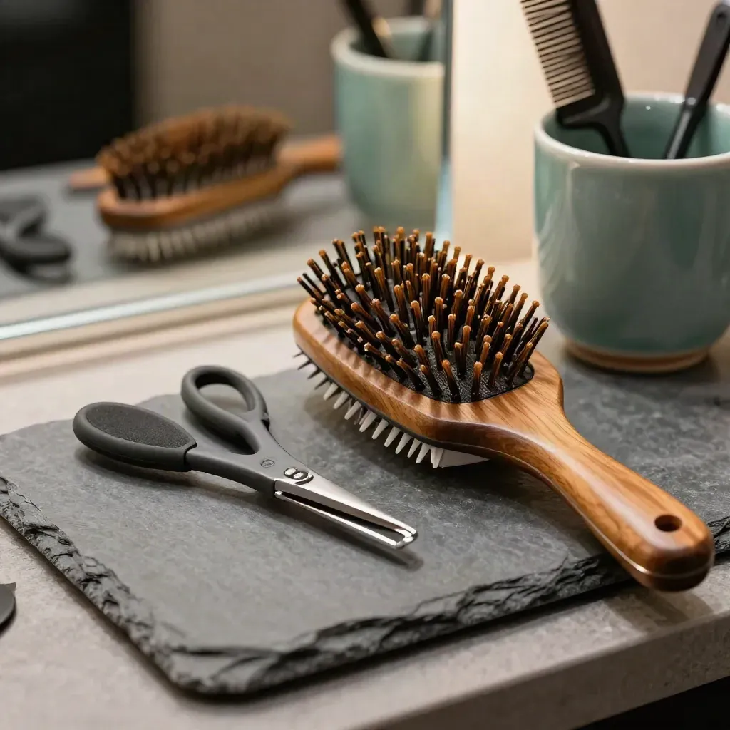 Macro salon still life with clips, round brush, and teal comb cup behind acrylic divider