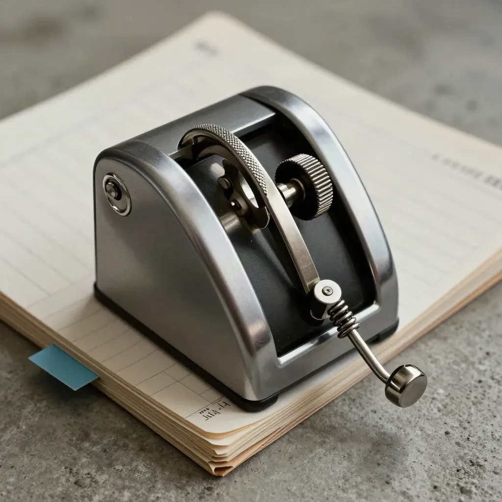Top-down macro of a tally counter, ledger tabs, and steel clip on concrete with a sky-blue accent.