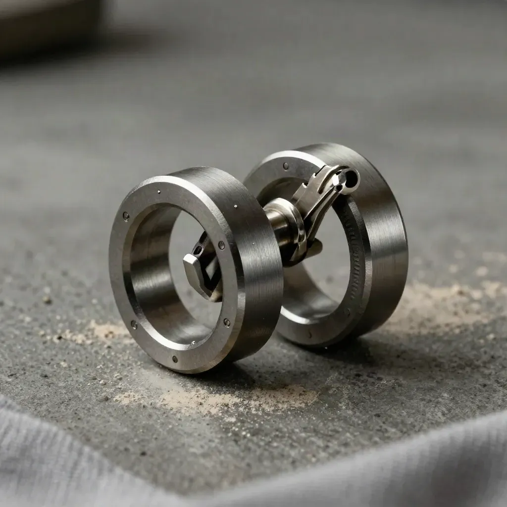 Machined rings, connector pin, and modular blocks on dark concrete in dramatic light