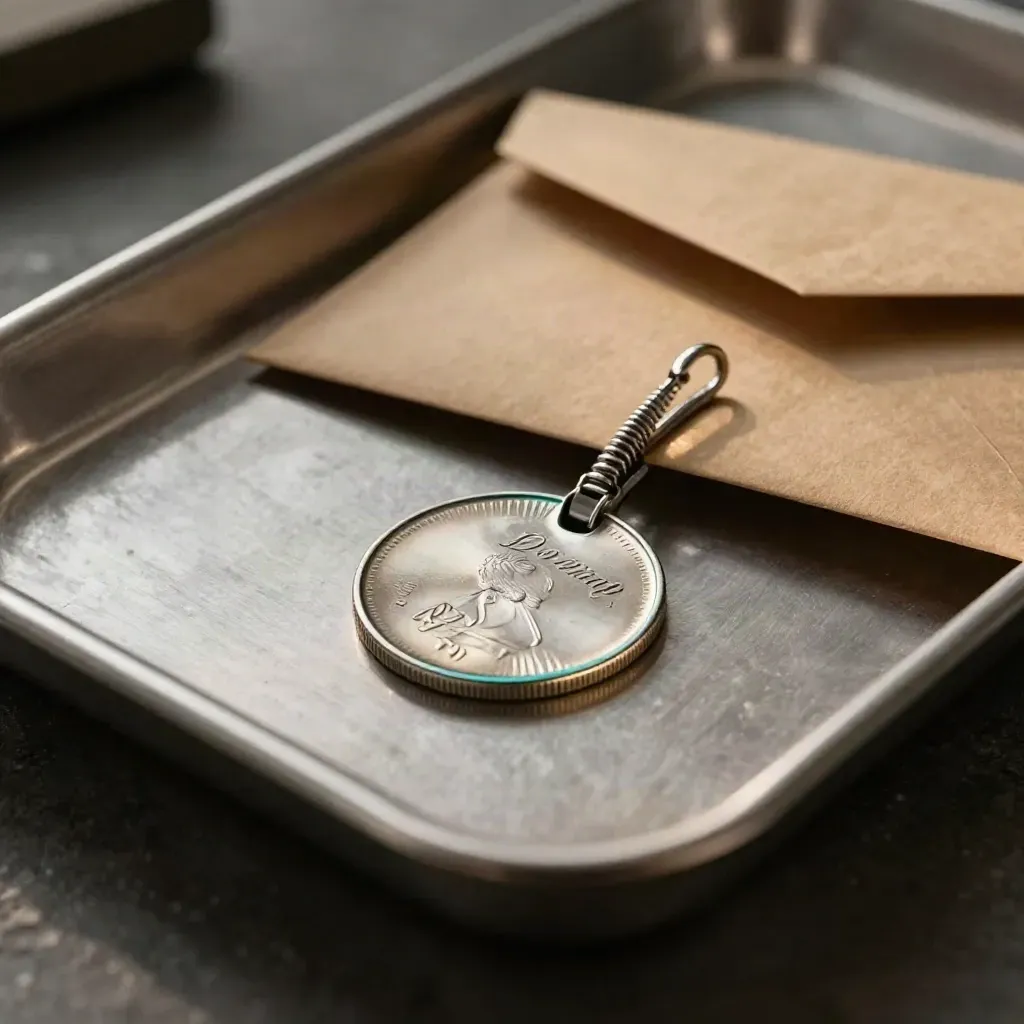 Macro still life of a deposit token, payment tray, envelope, and steel clip on brushed metal.