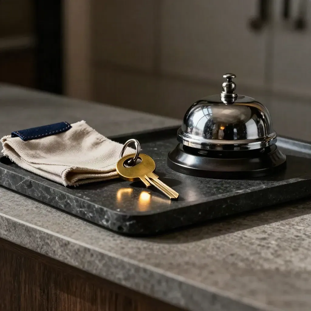 Brass hotel key ring, service bell, and linen room tag on a dark stone tray