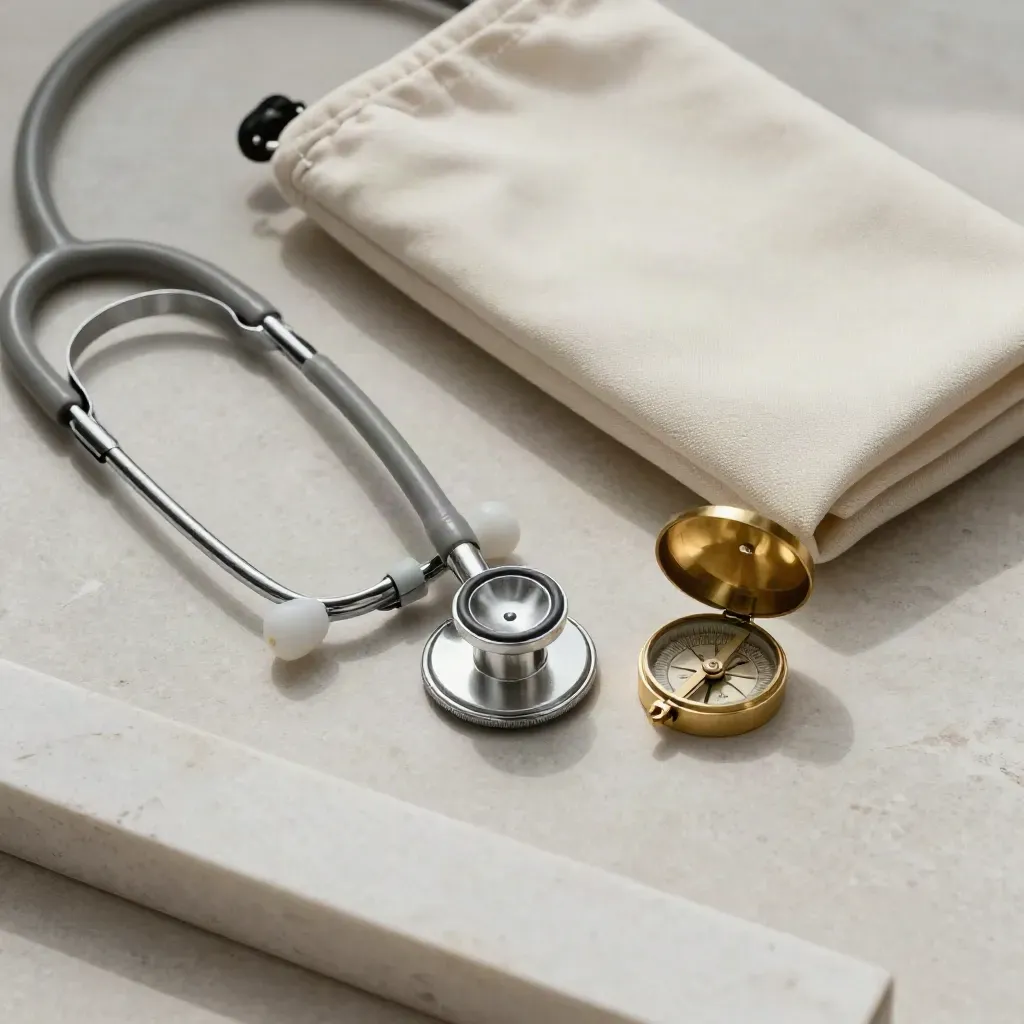 Stethoscope, compass and folded pouch on pale stone in a cool top-down still life.