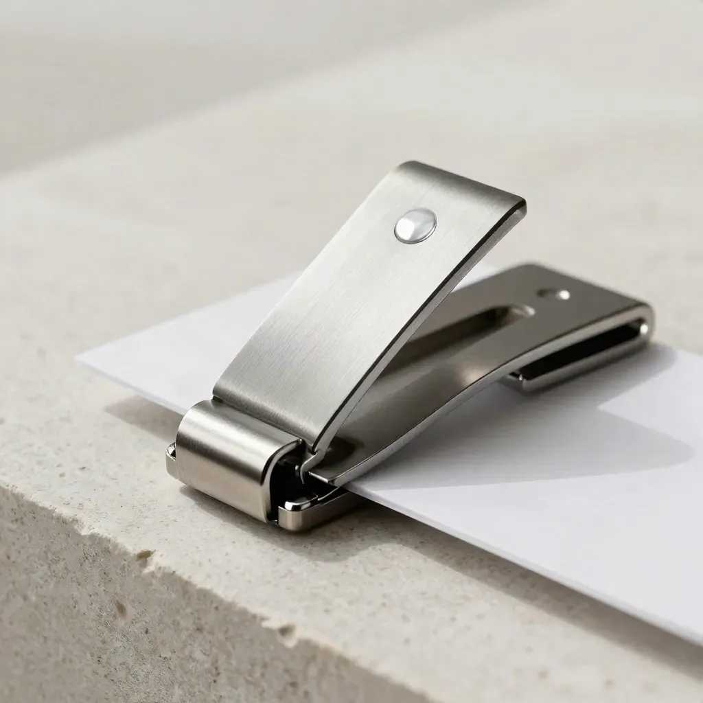 Metal clamp, receipt holder, and lock plate on pale stone in a premium macro still life.