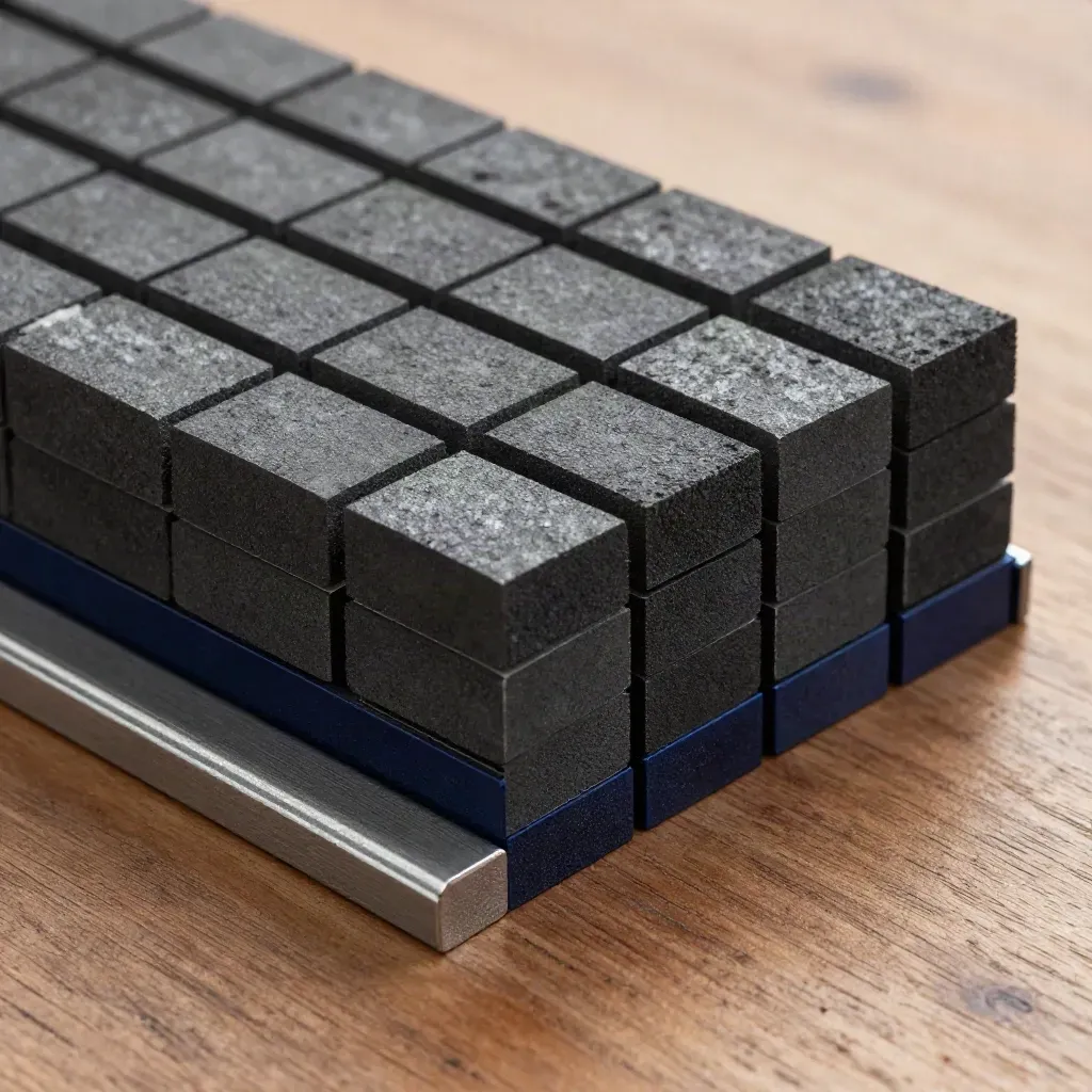 Graphite blocks, steel spacer, and navy-edged rail arranged on warm wood in a top-down still life.