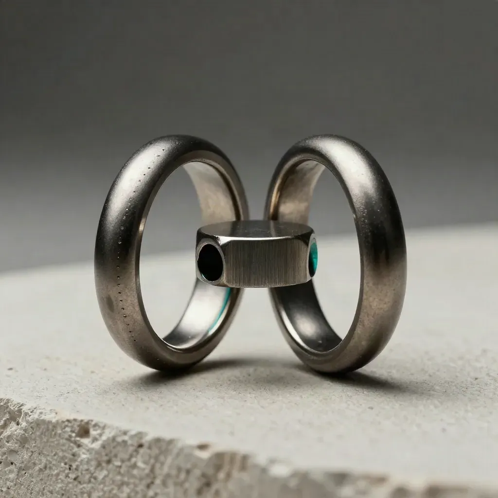 Matte metal rings and connector disc on pale plaster under dramatic studio light.