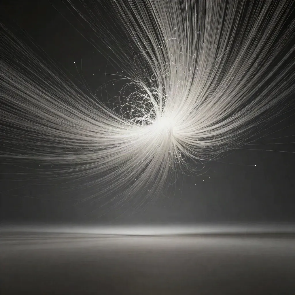 Silver filaments converge into a soft white bloom in dark haze, off-centre abstract light art.